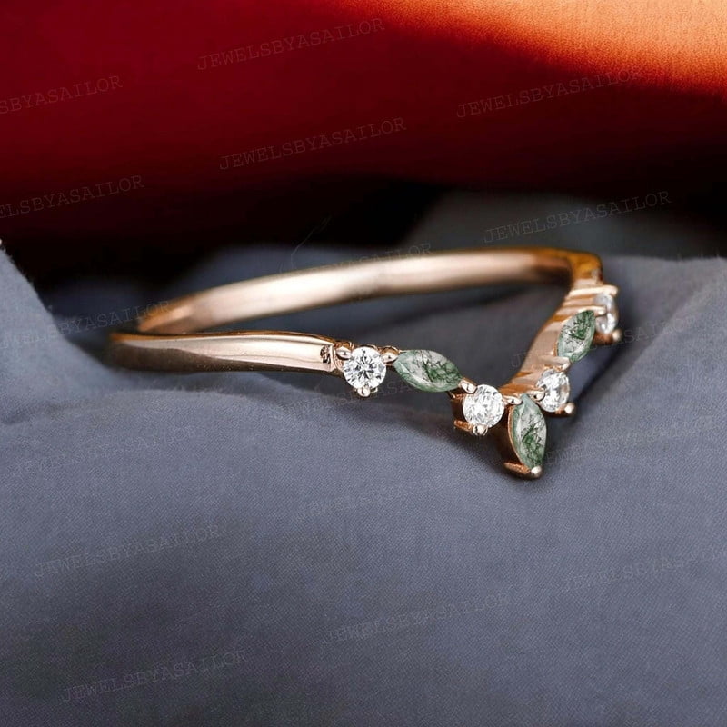 JEWELSBYASAILOR Curved Moss Agate Wedding Band / Cubic Zirconia Engagement Ring / Yellow Gold Plated Silver