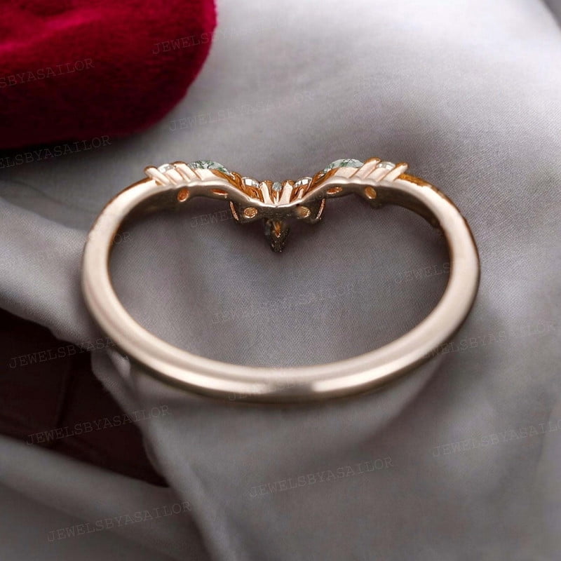 JEWELSBYASAILOR Curved Moss Agate Wedding Band / Cubic Zirconia Engagement Ring / Yellow Gold Plated Silver