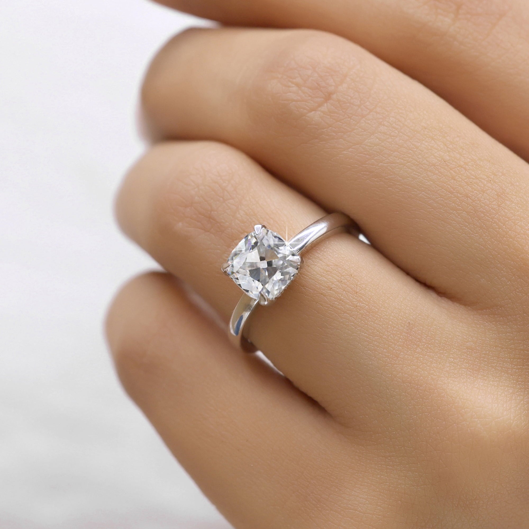 JEWELEGANT 2 Ct Cushion Moissanite Hidden Halo Engagement Ring - Gold Plated Silver Ring for Women