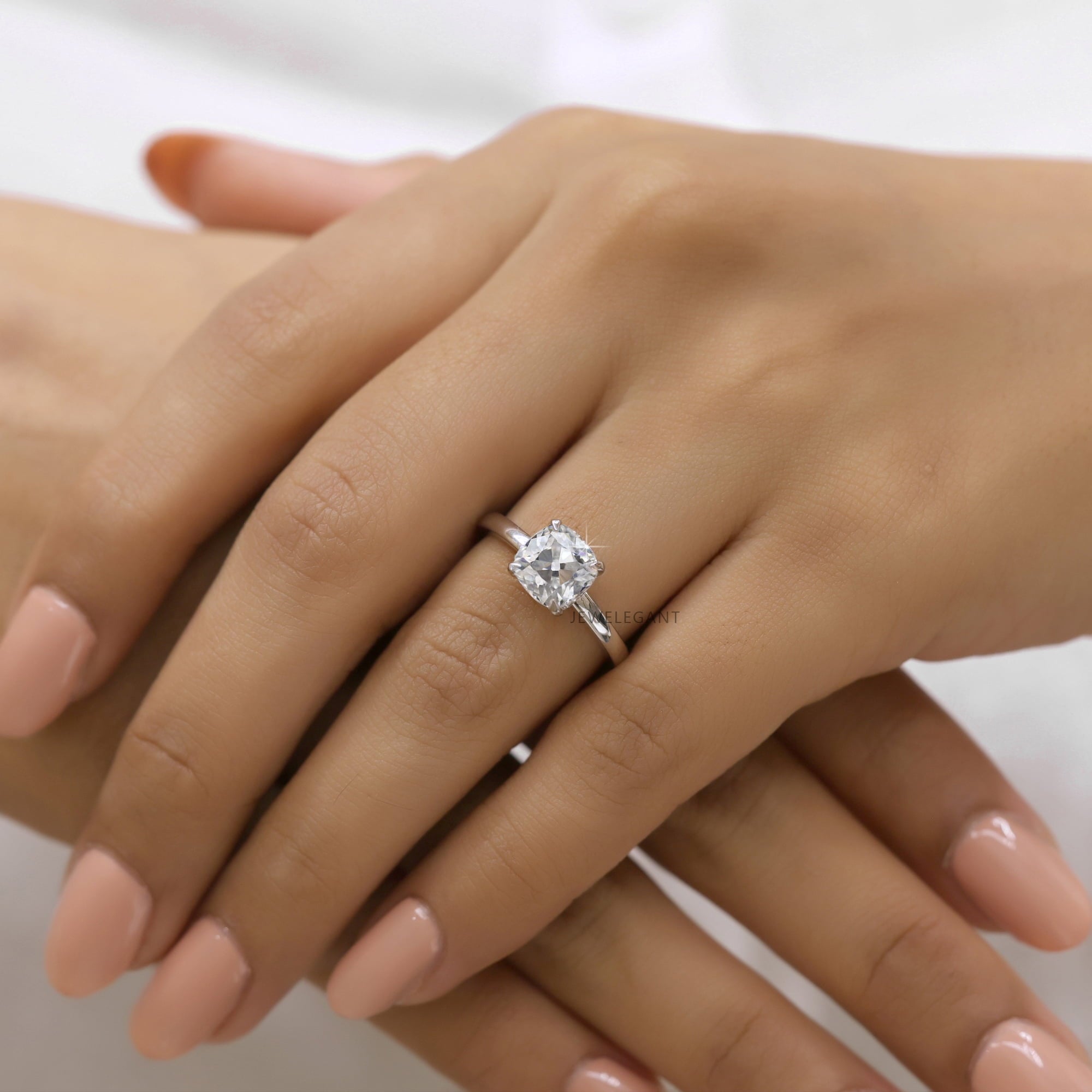 JEWELEGANT 2 Ct Cushion Moissanite Hidden Halo Engagement Ring - Gold Plated Silver Ring for Women