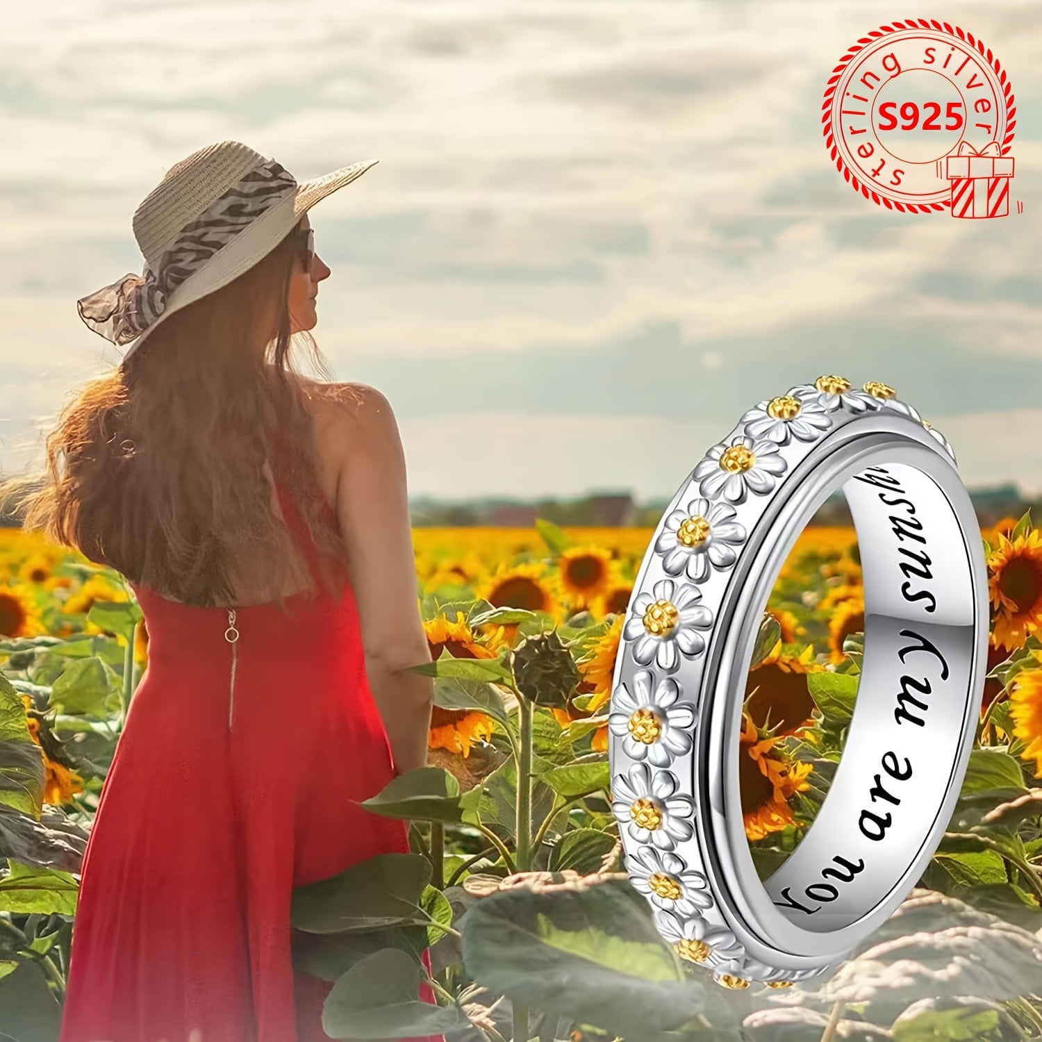 Elegant Boho Style 4g S925 Silver Ring with Daisy Flower Design, Engraved 'You Are My Sunshine' Inscription, Simple No-Mosaic Daily Wear Jewelry, Ideal for Gift-Giving and All Seasons,Silver
