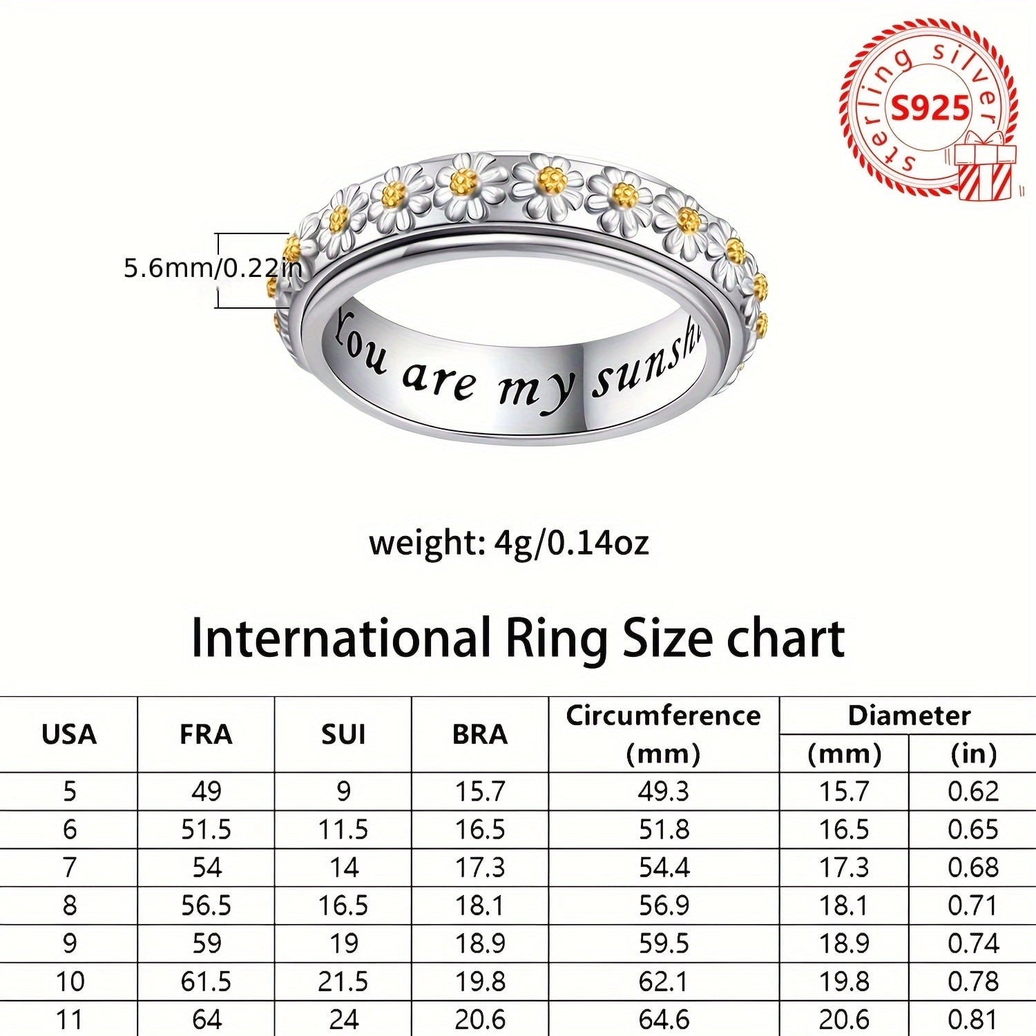Elegant Boho Style 4g S925 Silver Ring with Daisy Flower Design, Engraved 'You Are My Sunshine' Inscription, Simple No-Mosaic Daily Wear Jewelry, Ideal for Gift-Giving and All Seasons,Silver