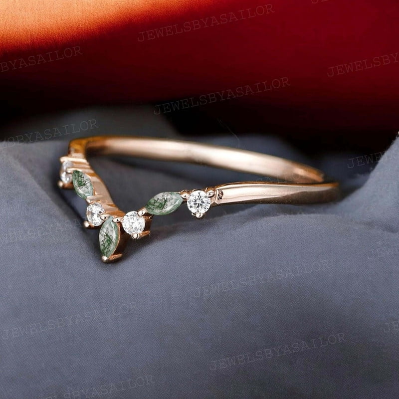JEWELSBYASAILOR Curved Moss Agate Wedding Band / Cubic Zirconia Engagement Ring / Yellow Gold Plated Silver
