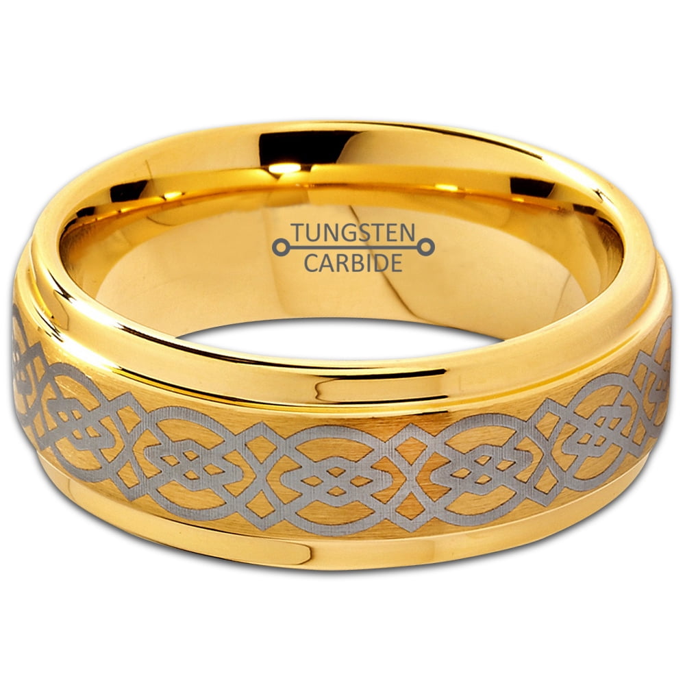 Charming Jewelers Tungsten Wedding Band Ring 8mm for Men Women Comfort Fit Celtic 18K Yellow Gold Plated Step Beveled Edge Brushed Polished Lifetime Guarantee Size 14
