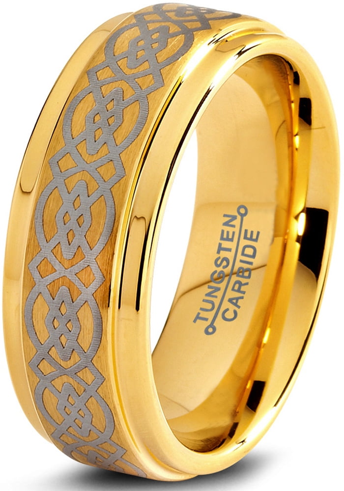 Charming Jewelers Tungsten Wedding Band Ring 8mm for Men Women Comfort Fit Celtic 18K Yellow Gold Plated Step Beveled Edge Brushed Polished Lifetime Guarantee Size 14
