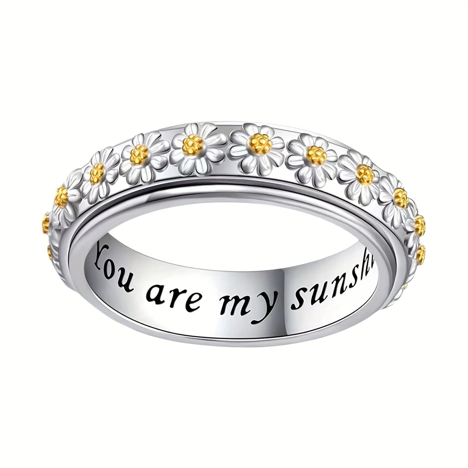 Elegant Boho Style 4g S925 Silver Ring with Daisy Flower Design, Engraved 'You Are My Sunshine' Inscription, Simple No-Mosaic Daily Wear Jewelry, Ideal for Gift-Giving and All Seasons,Silver