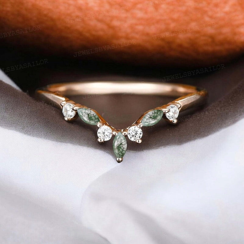 JEWELSBYASAILOR Curved Moss Agate Wedding Band / Cubic Zirconia Engagement Ring / Yellow Gold Plated Silver