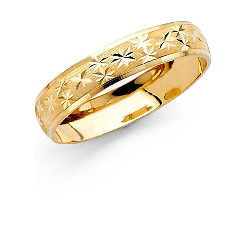 Wedding Ring Solid 14k Yellow Gold Milgrain Band Diamond Cut Star Mens Womens Dome Satin Finish 4 mm Size 5