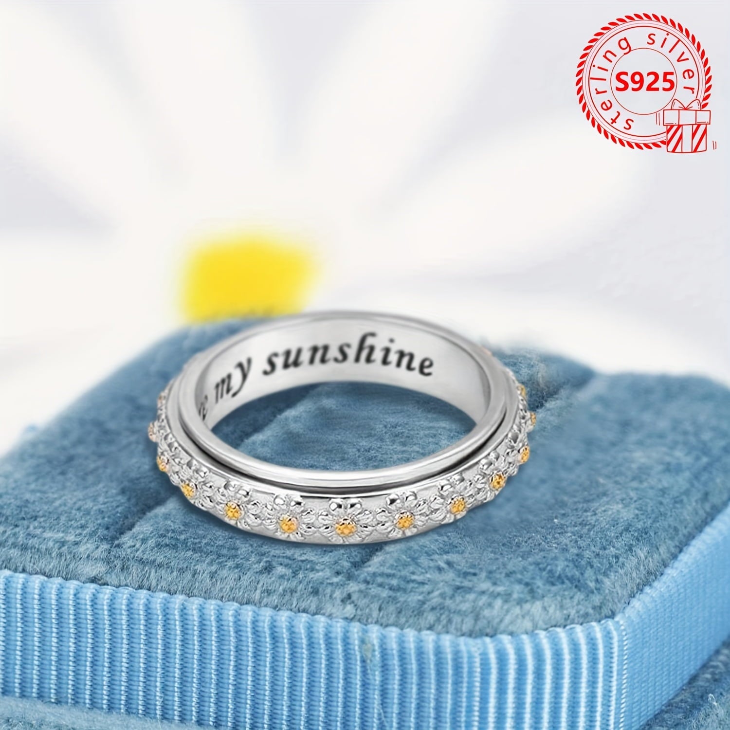 Elegant Boho Style 4g S925 Silver Ring with Daisy Flower Design, Engraved 'You Are My Sunshine' Inscription, Simple No-Mosaic Daily Wear Jewelry, Ideal for Gift-Giving and All Seasons,Silver