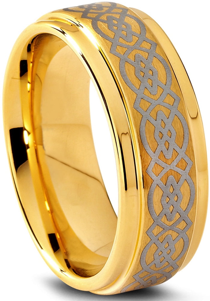 Charming Jewelers Tungsten Wedding Band Ring 8mm for Men Women Comfort Fit Celtic 18K Yellow Gold Plated Step Beveled Edge Brushed Polished Lifetime Guarantee Size 14