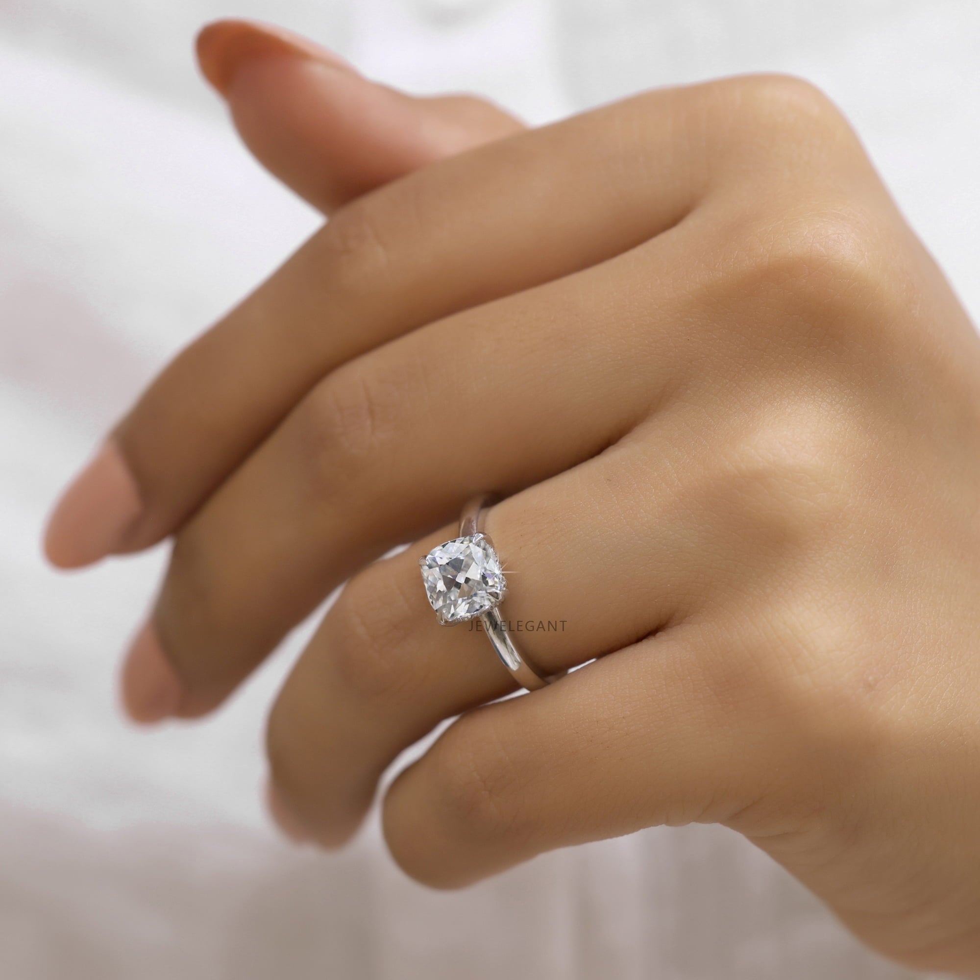 JEWELEGANT 2 Ct Cushion Moissanite Hidden Halo Engagement Ring - Gold Plated Silver Ring for Women