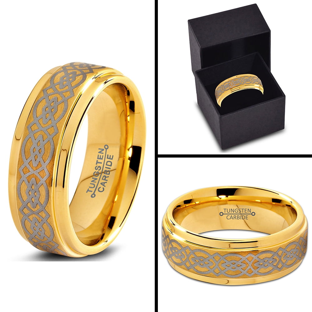 Charming Jewelers Tungsten Wedding Band Ring 8mm for Men Women Comfort Fit Celtic 18K Yellow Gold Plated Step Beveled Edge Brushed Polished Lifetime Guarantee Size 14
