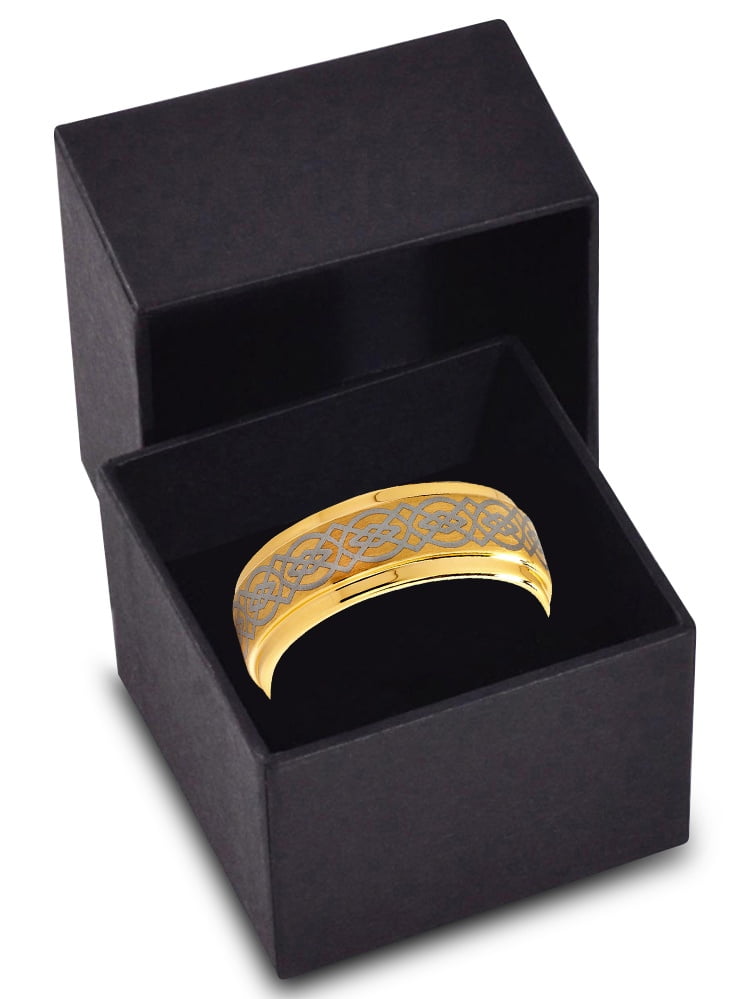 Charming Jewelers Tungsten Wedding Band Ring 8mm for Men Women Comfort Fit Celtic 18K Yellow Gold Plated Step Beveled Edge Brushed Polished Lifetime Guarantee Size 14